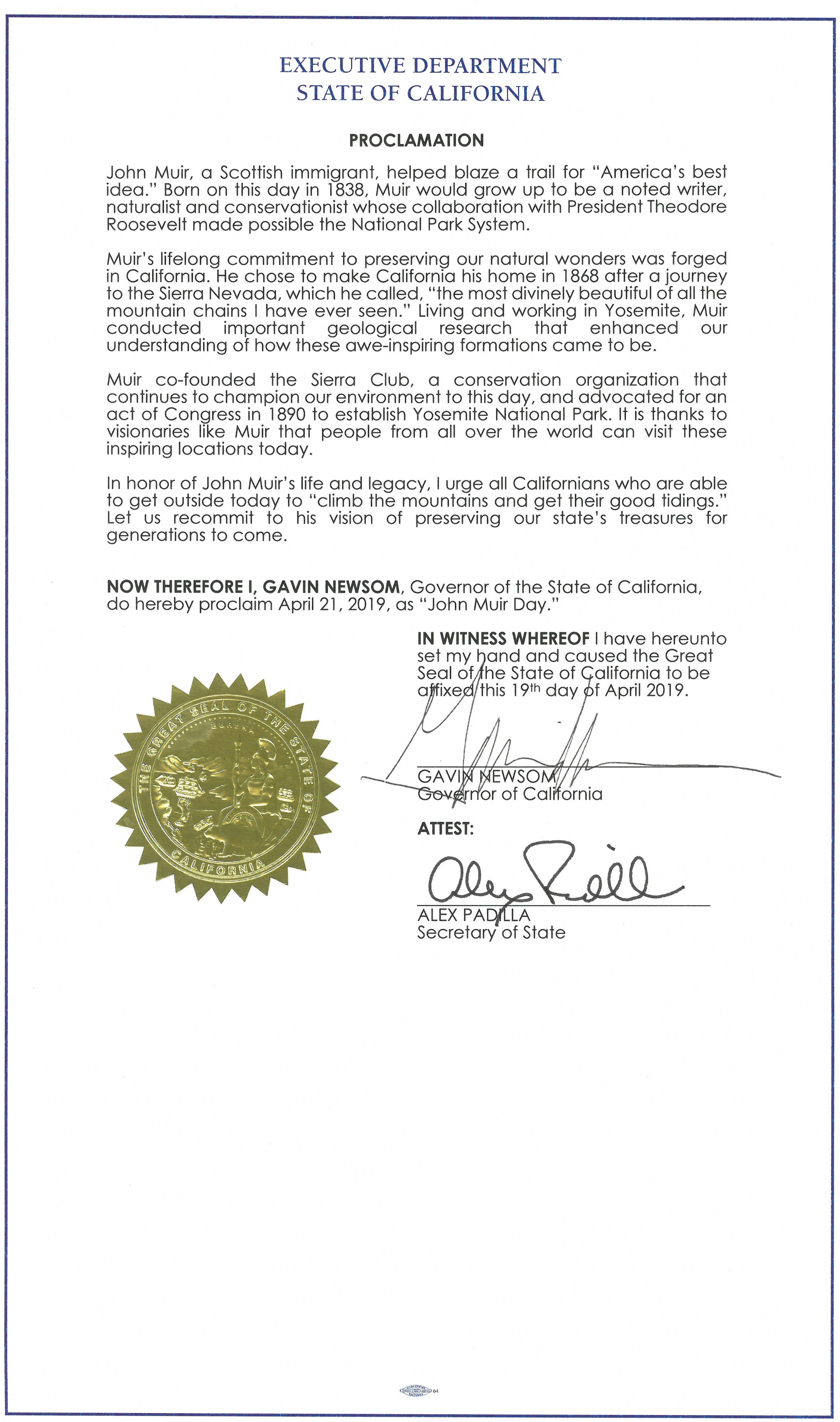Governor Newsom Issues Proclamation Declaring John Muir Day