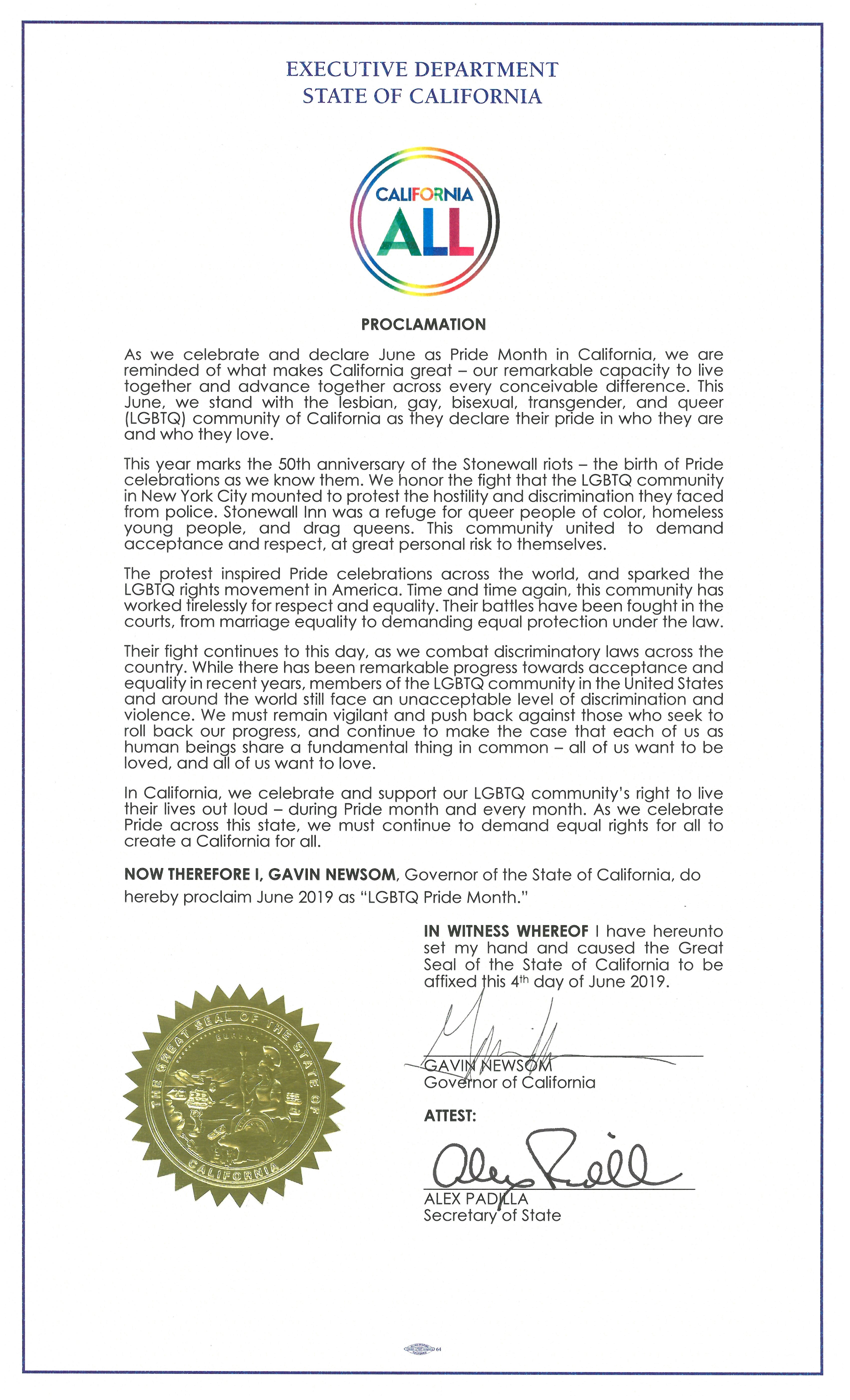 Governor Newsom Issues Proclamation Declaring LGBTQ Pride Month
