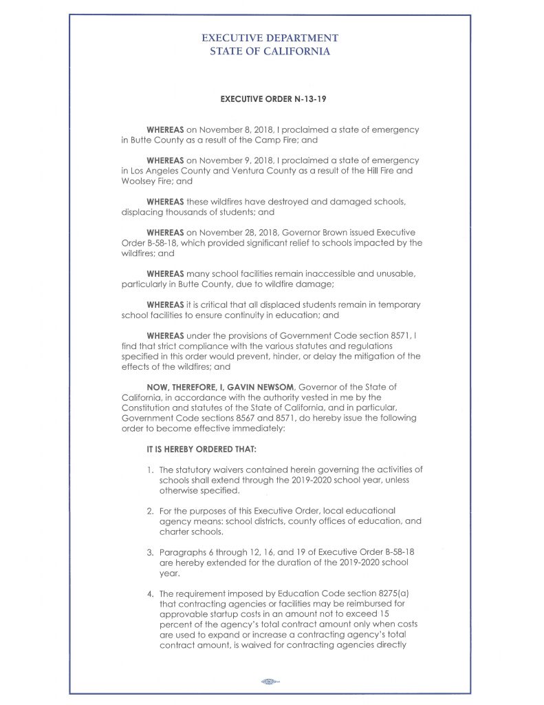 Governor Newsom Issues Executive Order to Support Schools Impacted by