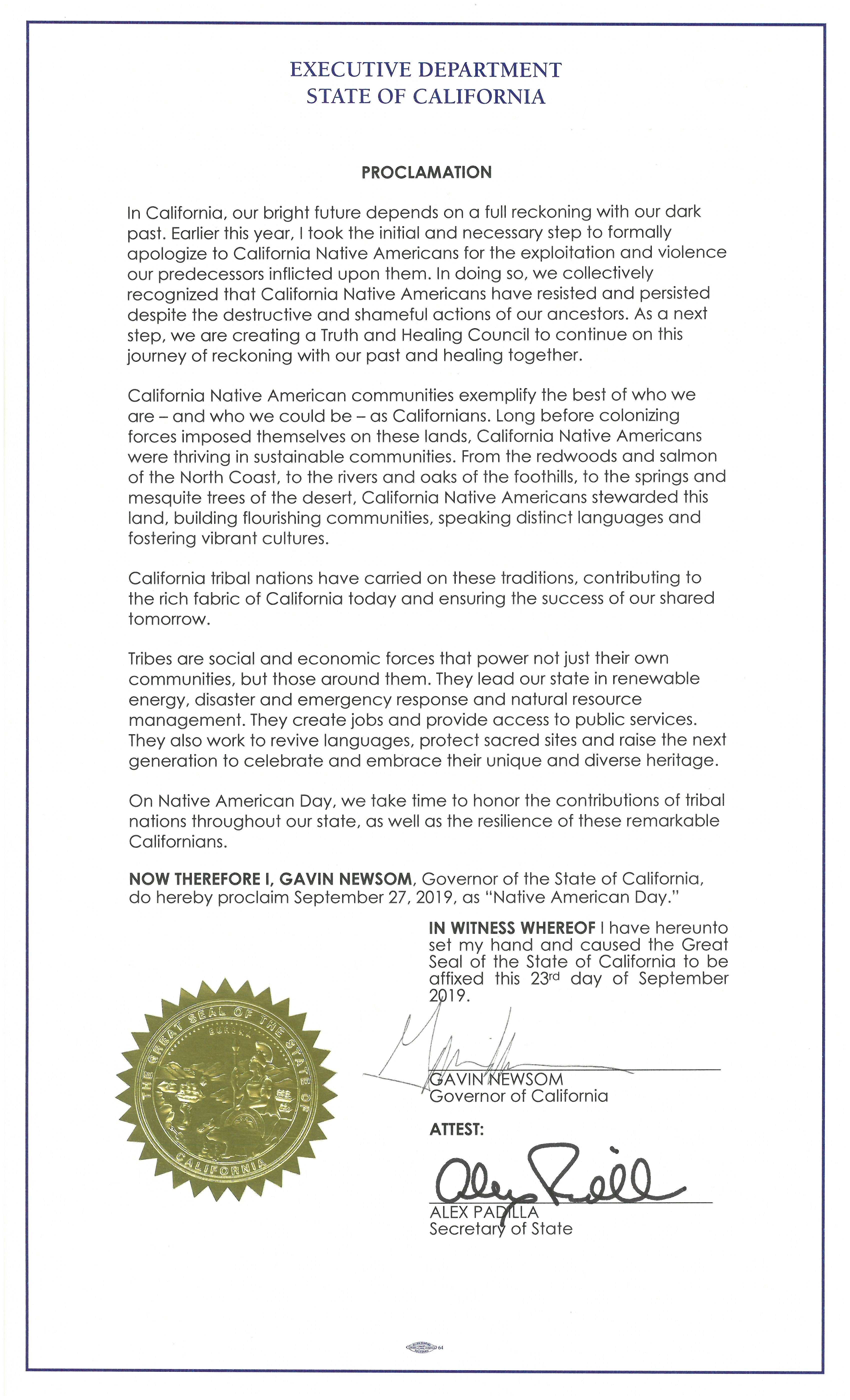 Governor Newsom Issues Proclamation Declaring Native American Day