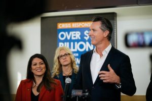 Governor Newsom makes remarks at a podium.