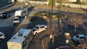 This is an aerial shot of the travel trailers being brought in.