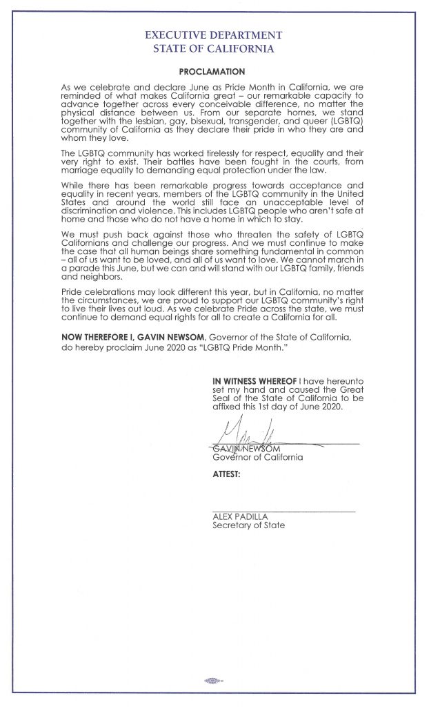 Governor Newsom Issues Proclamation Declaring LGBTQ Pride Month 6.1.