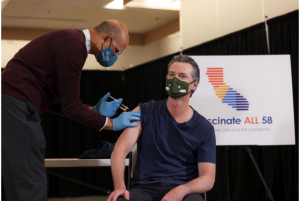 Governor Newsom receives his Johnson and Johnson vaccination shot. 