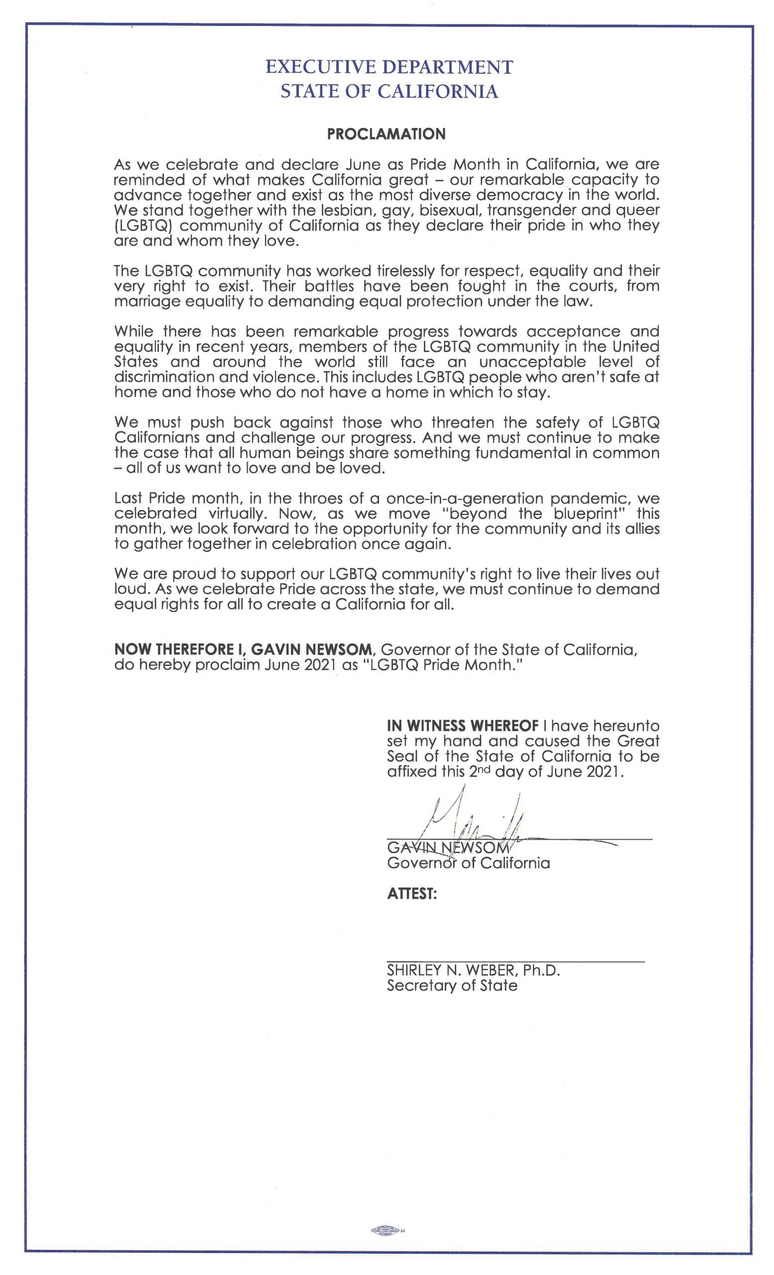 Governor Newsom Issues Proclamation Declaring LGBTQ Pride Month 6.2.21