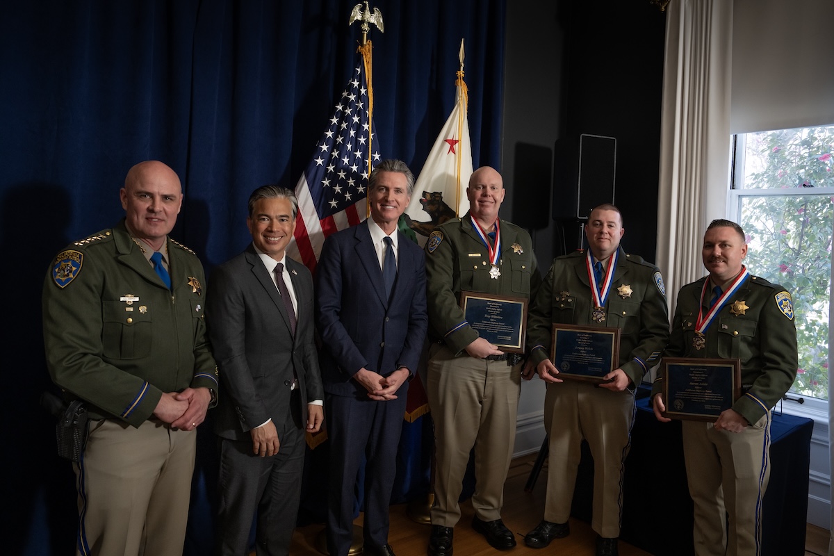 Governor Newsom, Attorney General Bonta, and CHP Commissioner Sean Duryee present Medal of Valor Award to Officer Aaron Adair, Officer Jeremy Welch, and Officer Troy Wiltshire