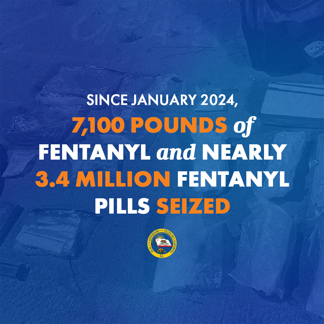 A graphic with a blue background and white and orange lettering that says: Since January 2024, 7,100 pounds of fentanyl and nearly 3.4 million fentanyl pills seized 