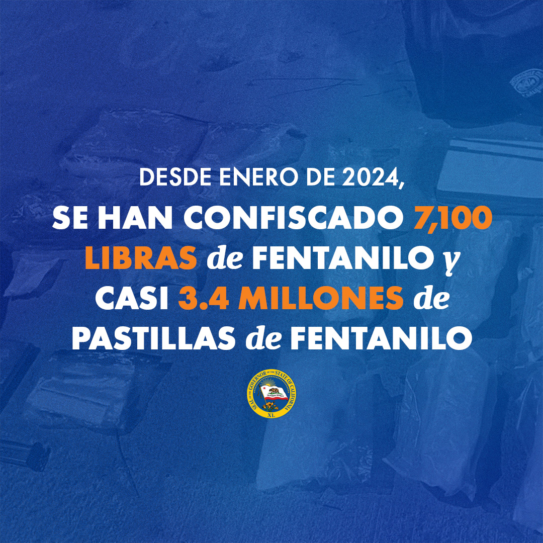 Un gráfico con fondo azul y letras blancas y naranjas que dice: Desde enero de 2024, se incautaron 7.100 libras de fentanilo y casi 3,4 millones de pastillas de fentanilo.