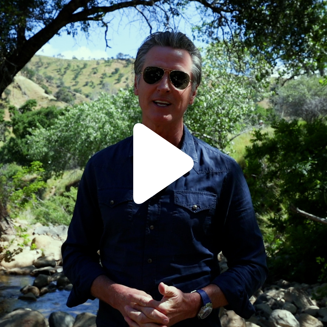 Wearing sunglasses, Governor Newsom stands outside, surrounded by trees, greenery, running water, and green hills.