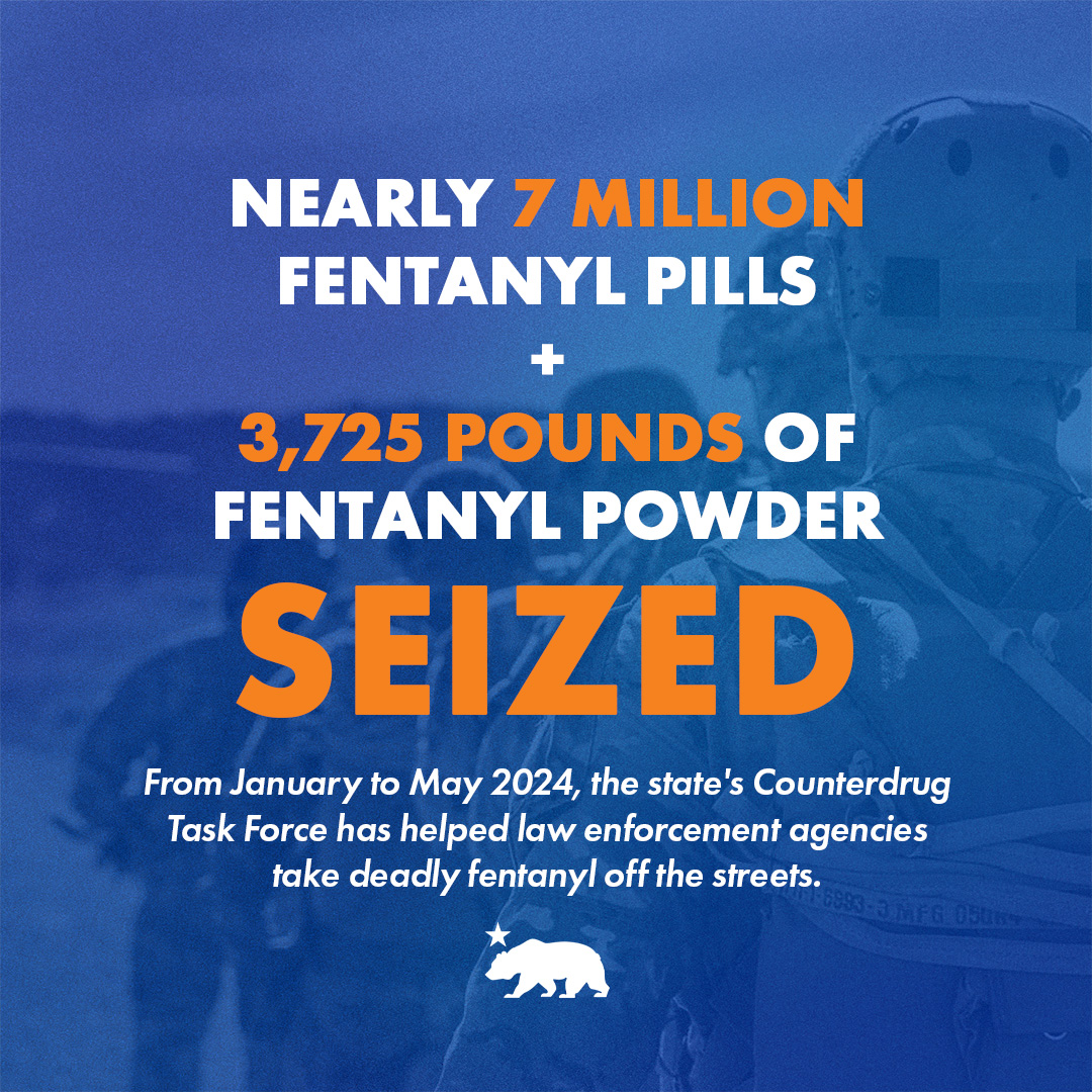 A graphic with a blue background and orange and white lettering that says: "Nearly 7 million fentanyl pills + 3,725 pounds of fentanyl powder seized. From January to May 2024, the state's Counterdrug Task Force has helped law enforcement agencies take deadly fentanyl off the streets."