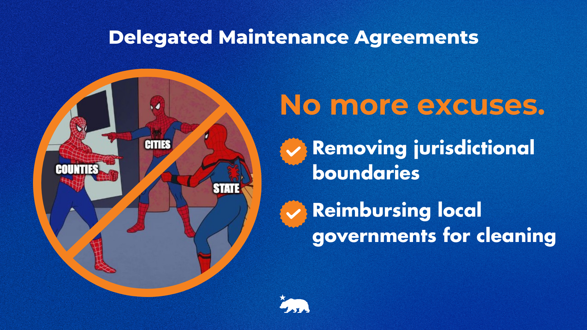 Delegated maintenance agreements (Image of three superheroes pointing at each other) No more excuses. Removing jurisdictional boundaries Reimbursing local governments for cleaning