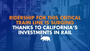 Graphic over a blue-tinted image of two men shaking hands on a train platform, with a California bear silhouette, headlined "Ridership for this critical train line is surging thanks to California's investments in rail."