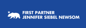Blue banner graphic with a white California bear silhouette and the text "First Partner Jennifer Siebel Newsom."