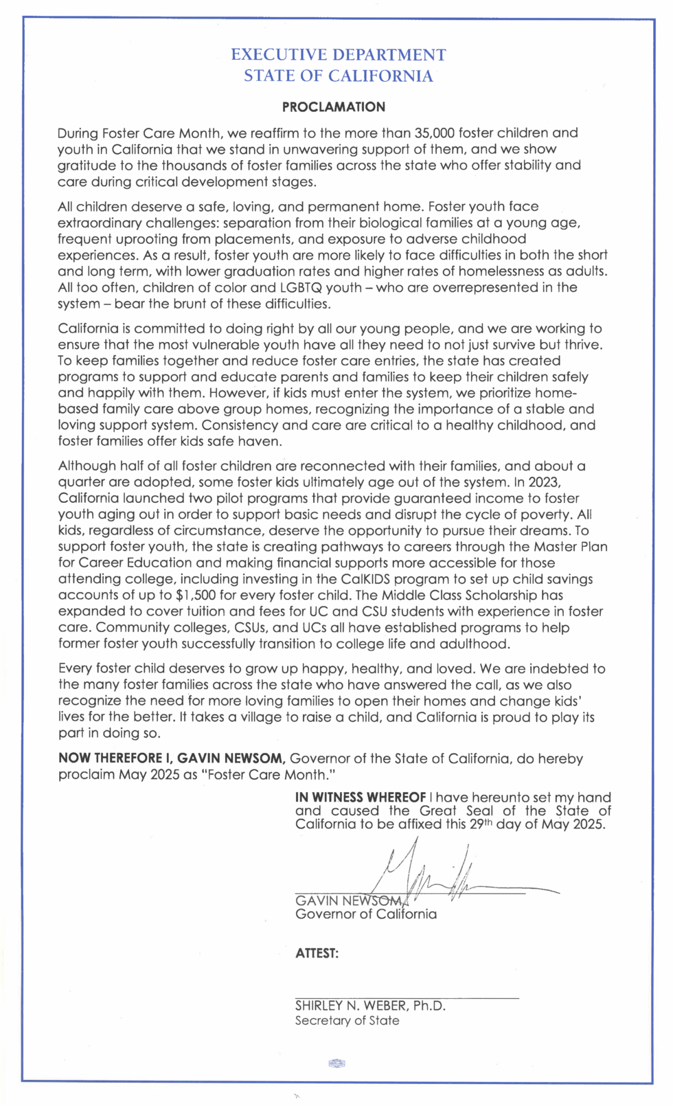 Governor Newsom proclaims Foster Care Month 2025 | Governor of California