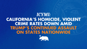 A graphic with a blue background and orange and white words that says ICYMI: California’s homicide, violent crime rates down amid Trump’s continued assault on states nationwide