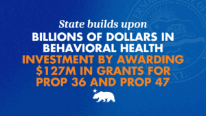 A graphic that says State builds upon billions of dollars in behavioral health investment by awarding $127 million in grants for Prop 36 and Prop 47
