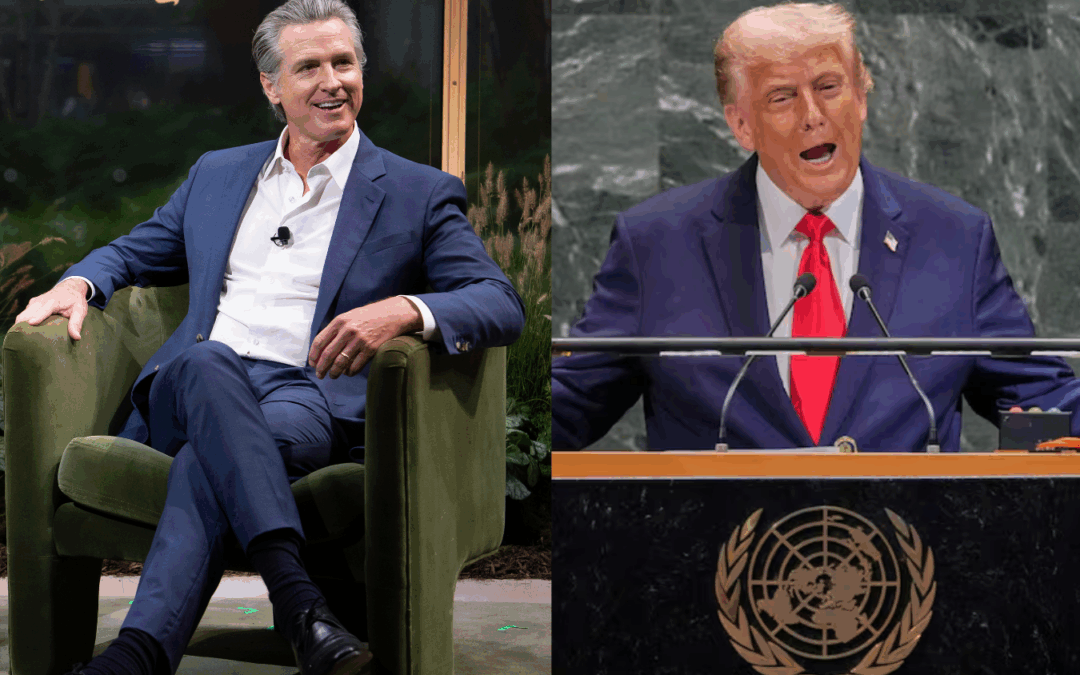 Split screen: Governor Newsom launches new international climate partnerships as Trump unleashes unhinged UN rant