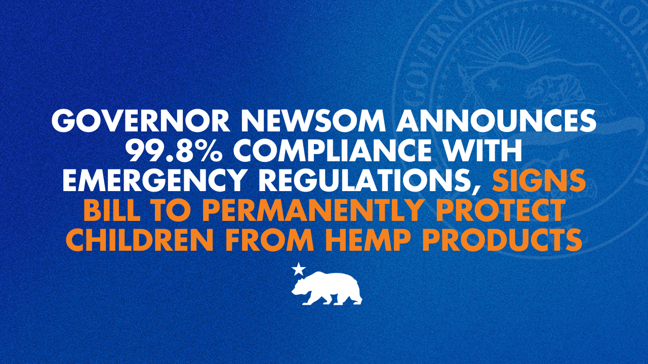 Governor Newsom announces 99.8% compliance with emergency regulations, signs bill to permanently protect children from hemp products