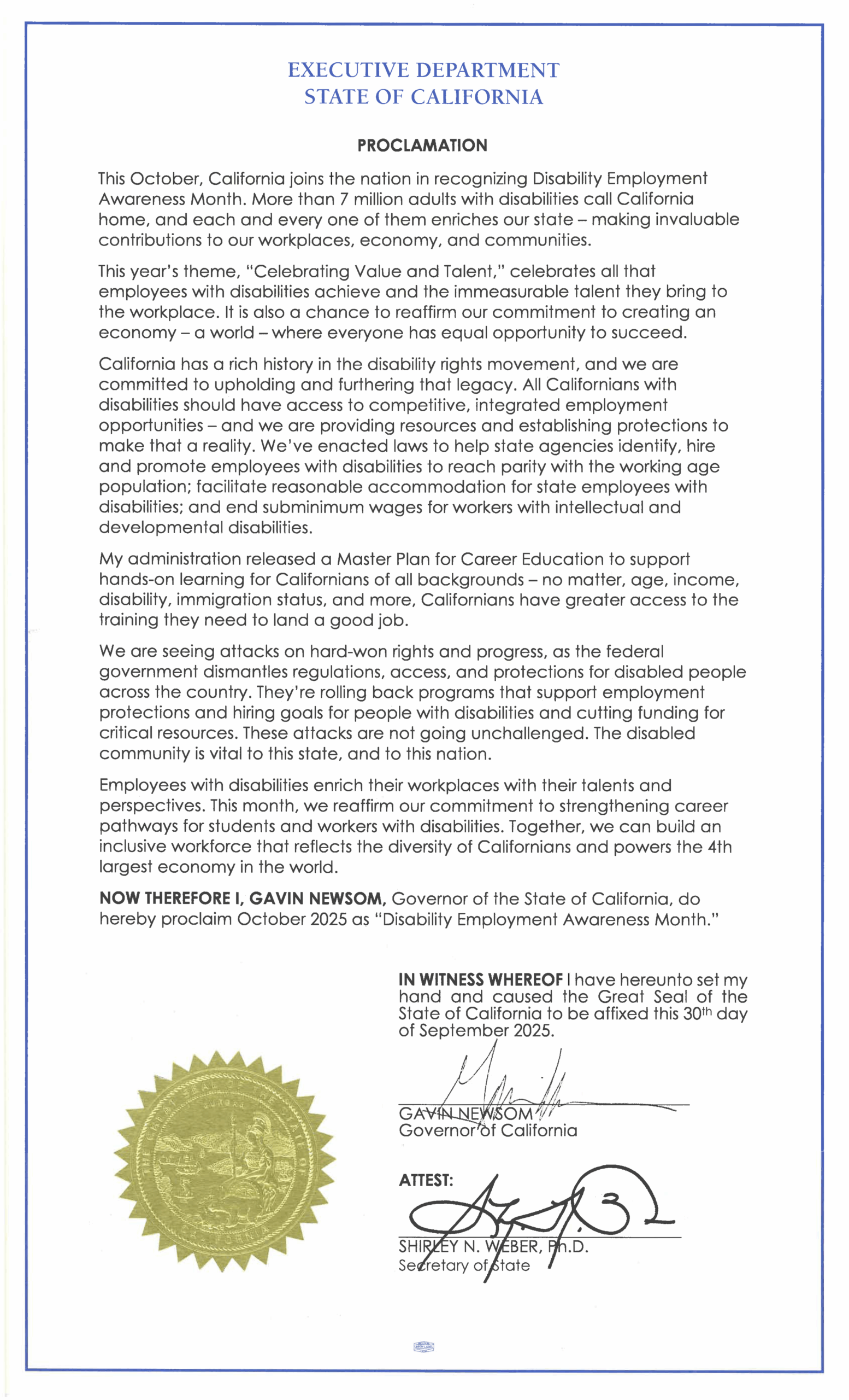 Scan of attested Disability Employment Awareness Month proclamation with a gold seal and signatures from the Governor and Secretary of State. Text below.