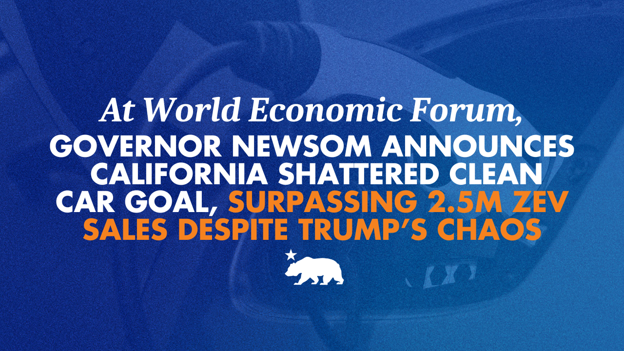 At World Economic Forum, Governor Newsom announces California shattered clean car goal, surpassing 2.5M ZEV sales despite Trump’s chaos