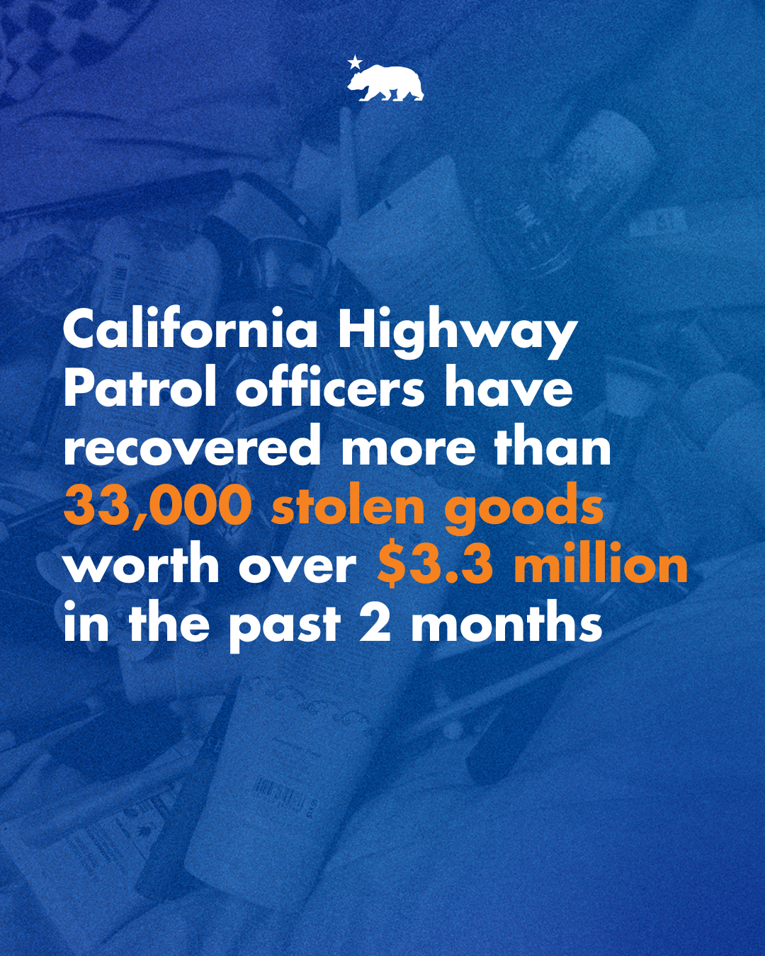 A graphic that says the California Highway Patrol officers have recovered more than 33,000 stolen goods worth over $3.3 million in the past 2 months.