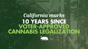 A graphic that says California marks 10 years since voter-approved cannabis legalization
