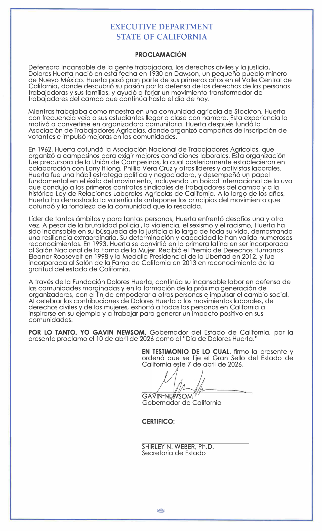 Doloes Reed Governor Newsom proclaims Dolores Huerta Day | Governor of California
