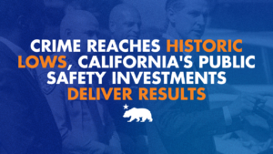 A graphic that says Crime reaches historic lows, California's public safety investments deliver results