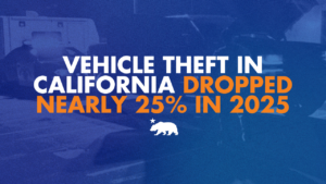 Graphic with a blue-tinted nighttime photo background of vehicles and an ambulance, overlaid with text reading: Vehicle theft in California dropped nearly 25% in 2025. California state bear emblem below the text.