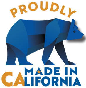 Logo on a white background featuring a geometric, low-poly blue bear beneath orange curved text reading 'PROUDLY,' with 'MADE IN CALIFORNIA' below in blue and orange lettering, including a small star inside the letter A.