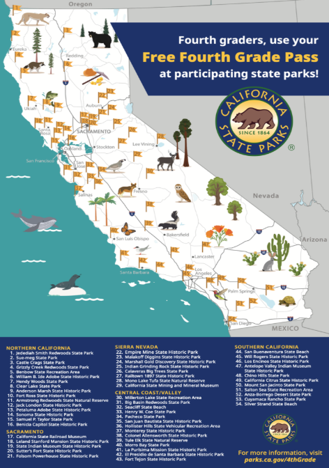 Illustrated map of California promoting the 'Free Fourth Grade Pass' for participating state parks, featuring the California State Parks logo, decorative wildlife and nature icons across the state, and a numbered list of participating parks organized by region (Northern California, Sacramento, Sierra Nevada, Central Coast/Valley, and Southern California).