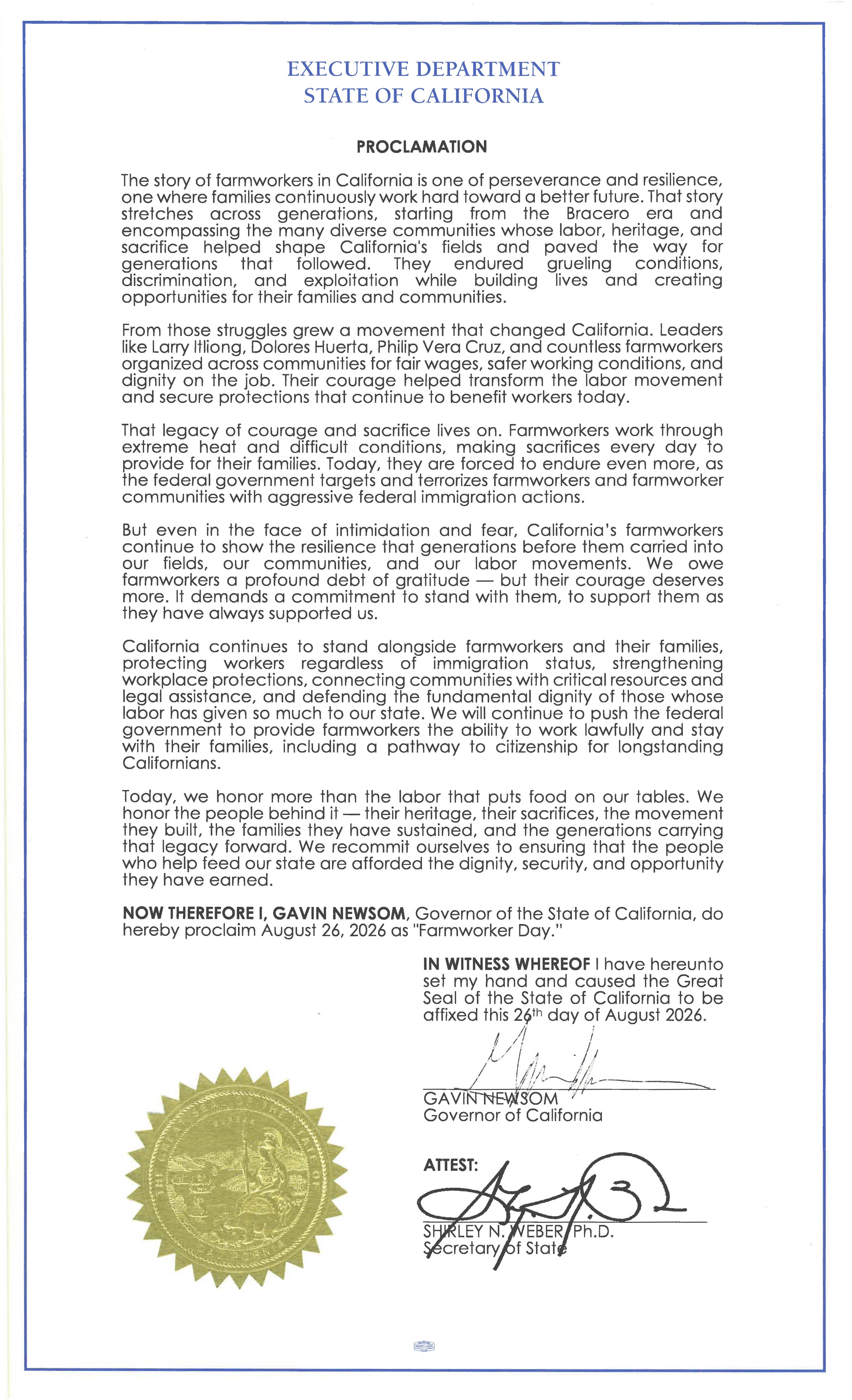 Official document titled 'Executive Department, State of California, Proclamation,' with several paragraphs of text honoring farmworkers and declaring August 26, 2026 as 'Farmworker Day.' The proclamation is signed by Governor Gavin Newsom and attested by Secretary of State Shirley N. Weber, bordered in blue.