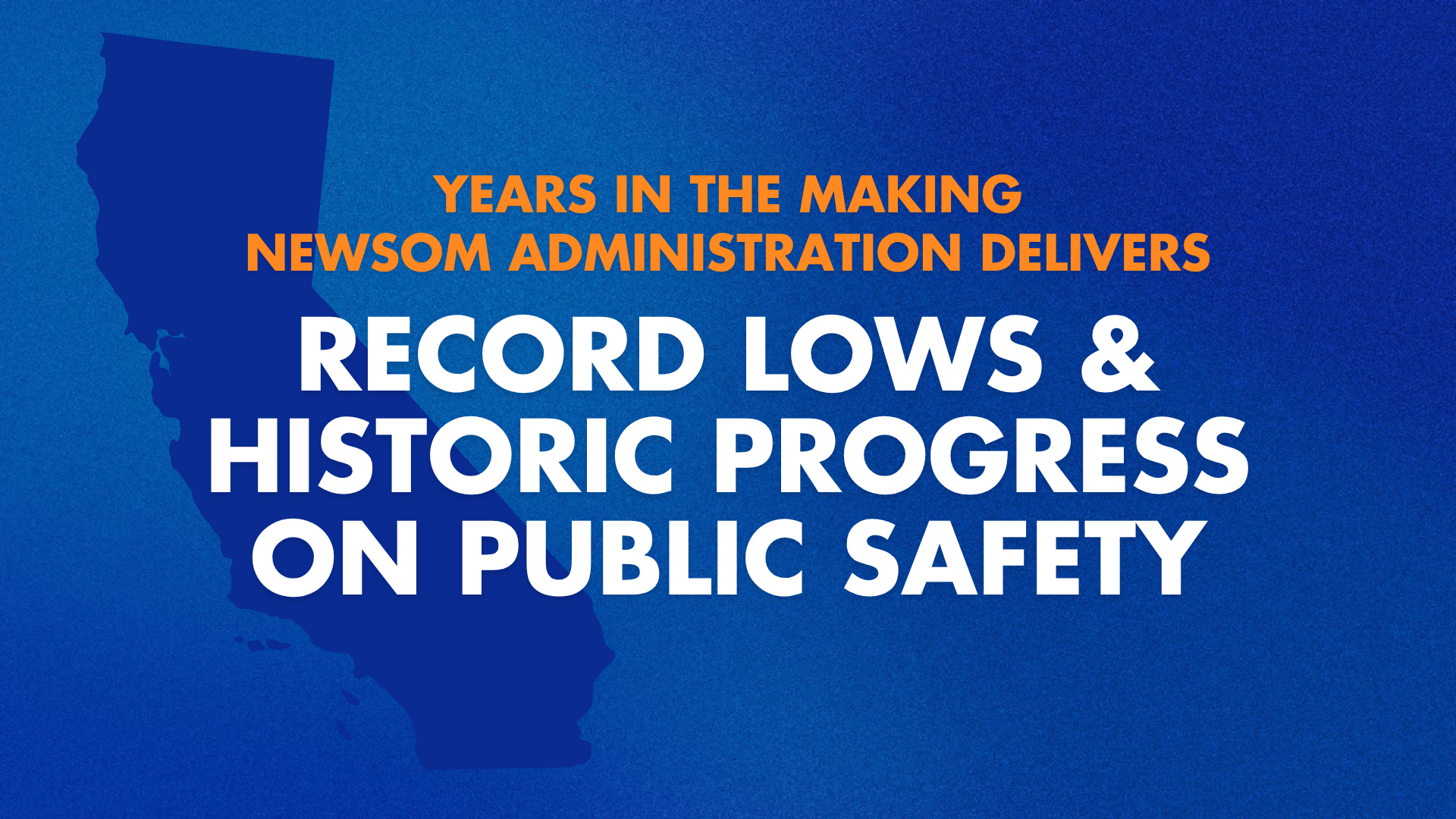 A graphic that says years in the making newsom administration delivers record lows & historic progress on public safety