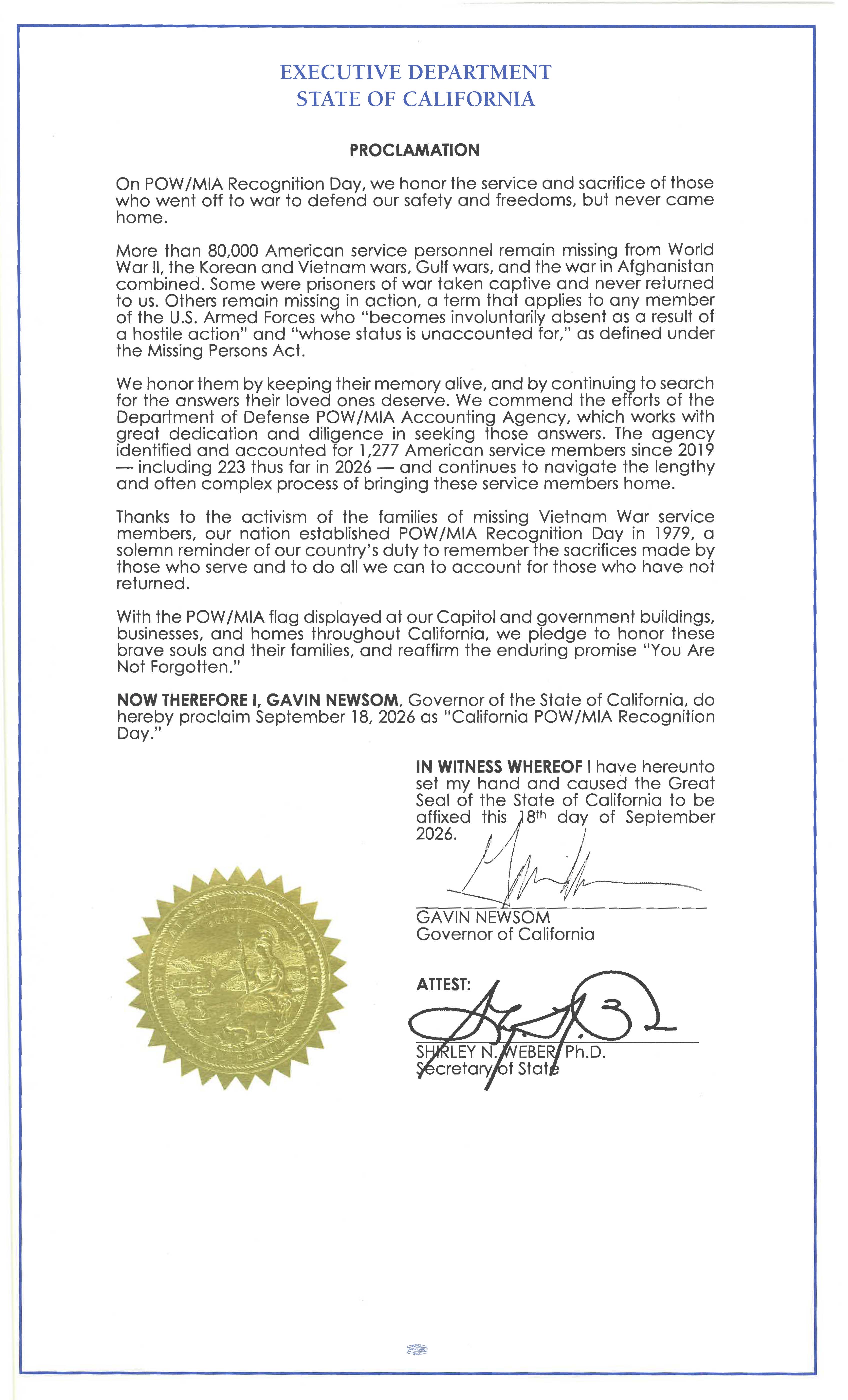 California proclamation signed by Governor Gavin Newsom declaring September 18, 2026, as “California POW/MIA Recognition Day.” The text honors the more than 80,000 American service members still missing from U.S. wars and commends the Department of Defense POW/MIA Accounting Agency, which has identified 1,277 service members since 2019.