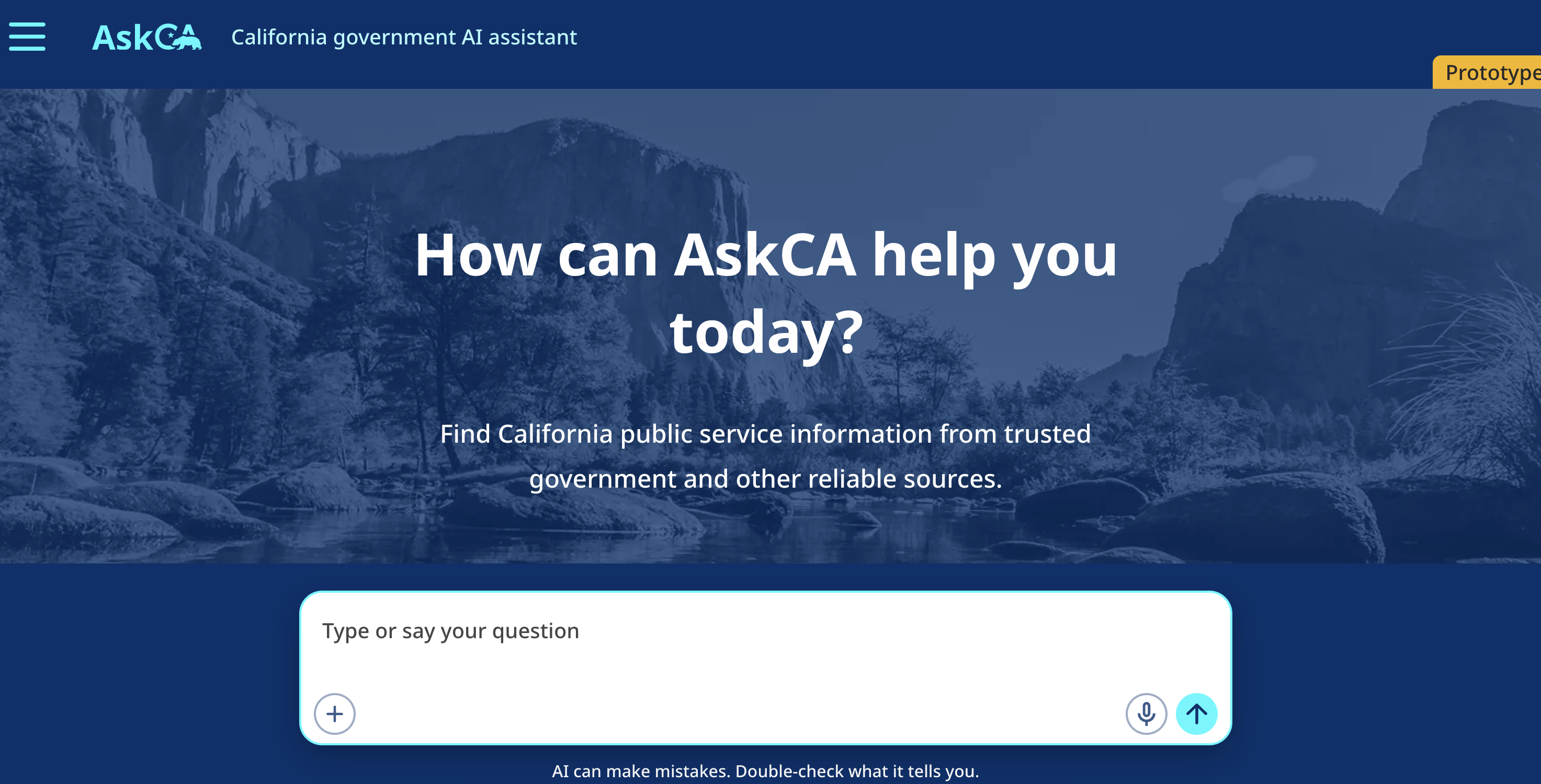 AskCA prototype, California’s government AI assistant, featuring a blue-tinted Yosemite landscape, the prompt “How can AskCA help you today?” and a text box for typing or speaking a question.