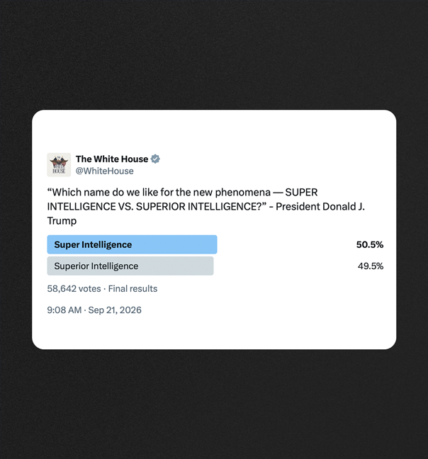 Graphic of a White House social media poll asking users to choose between “Super Intelligence” and “Superior Intelligence.” “Super Intelligence” received 50.5% of 58,642 votes, while “Superior Intelligence” received 49.5%