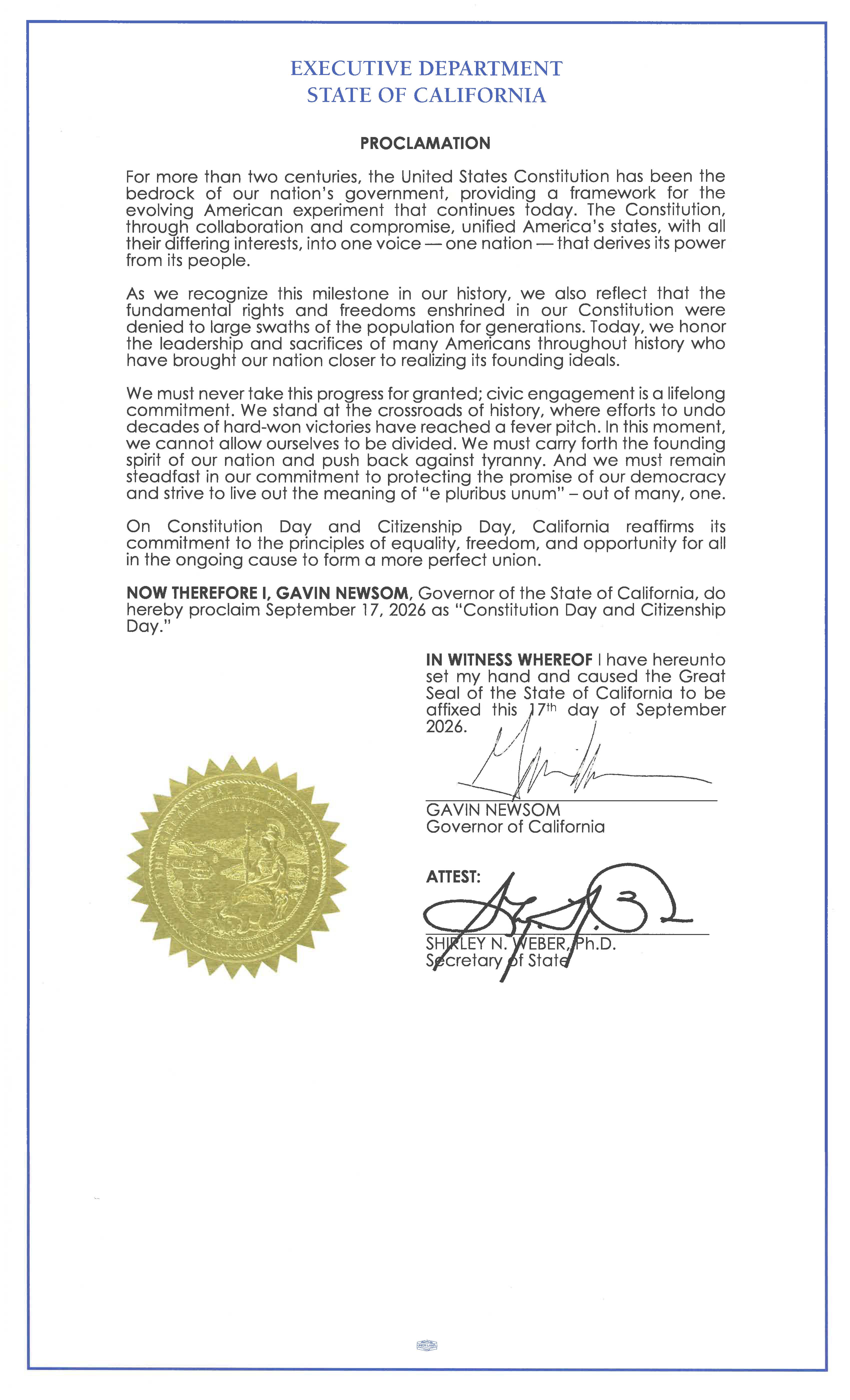 Proclamation from the Executive Department of the State of California declaring September 17, 2026, as “Constitution Day and Citizenship Day.” The text describes the U.S. Constitution as the bedrock of the nation’s government, honors Americans who worked to bring the country closer to its founding ideals, urges civic engagement, and reaffirms California’s commitment to equality, freedom, and opportunity. It is signed by Governor Gavin Newsom on September 17, 2026, and attested by Secretary of State Shirley N. Weber, Ph.D.