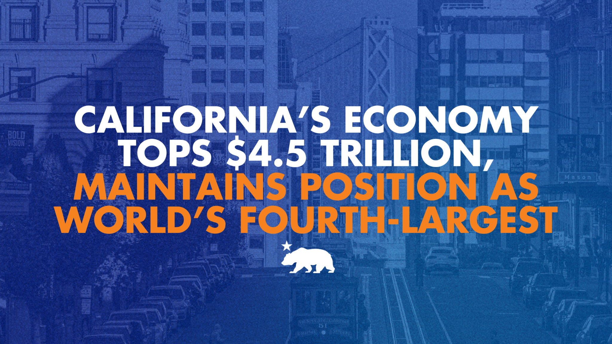 California’s economy continues to dominate — topping $4.5 T in economic output, and remains the world’s fourth largest economy | Governor of California California’s economy continues to dominate — topping $4.5 T in economic output, and remains the world’s fourth largest economy | Governor of California